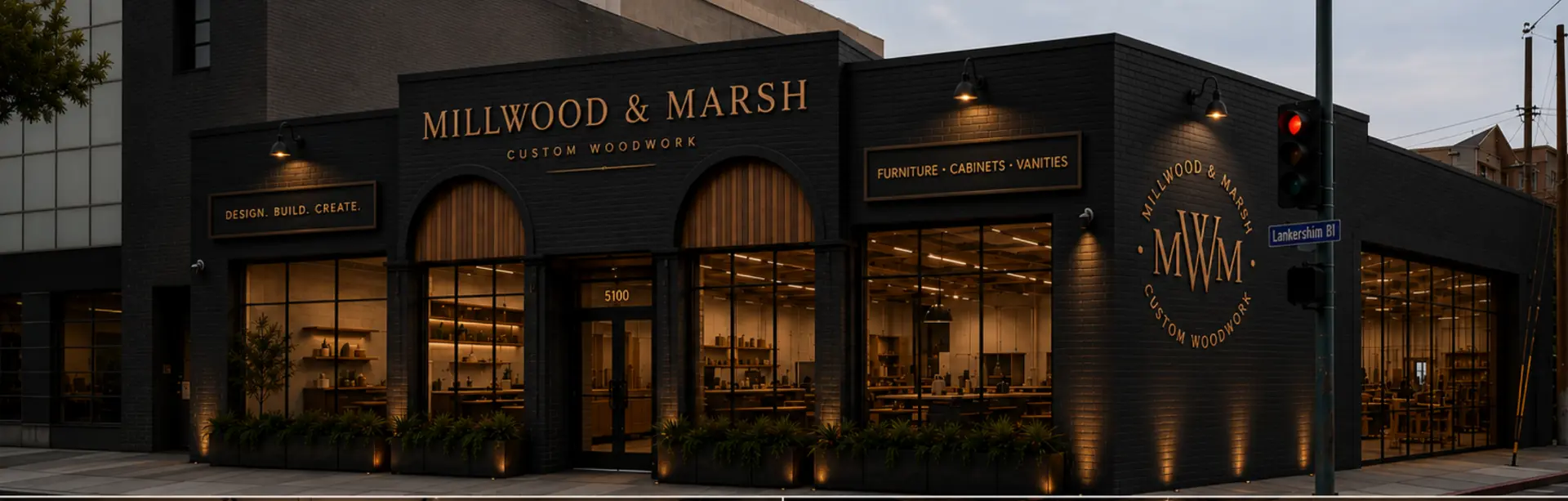 Millwood & Marsh storefront on Lankershim Boulevard at dusk